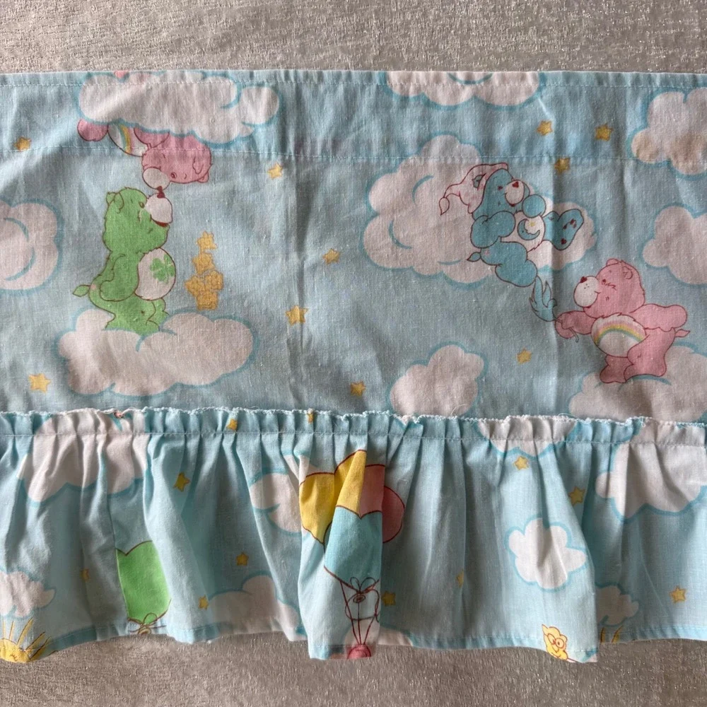 Vintage Care Bears Ruffled Window Valance Curtain Light Blue 80s 84x12